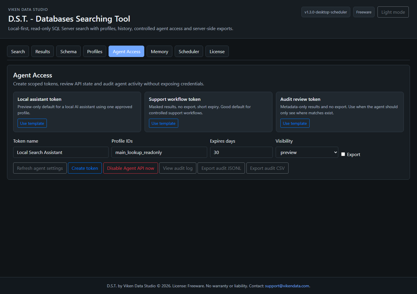 D.S.T. dark-mode Agent Access screen with scoped tokens and audit controls