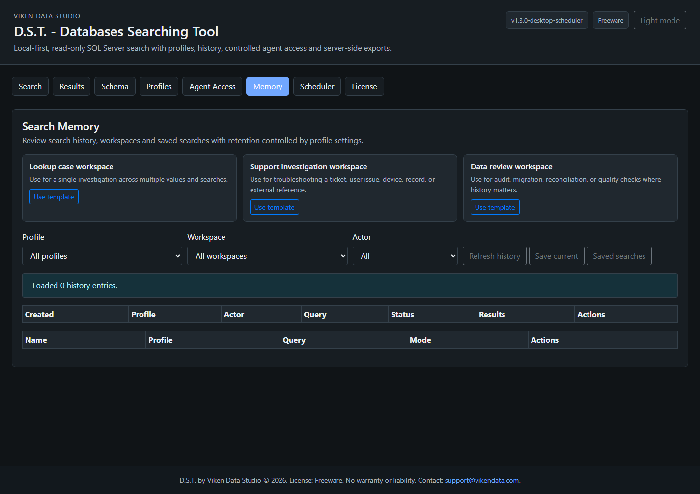 D.S.T. dark-mode Search Memory screen with history filters, workspace and saved searches