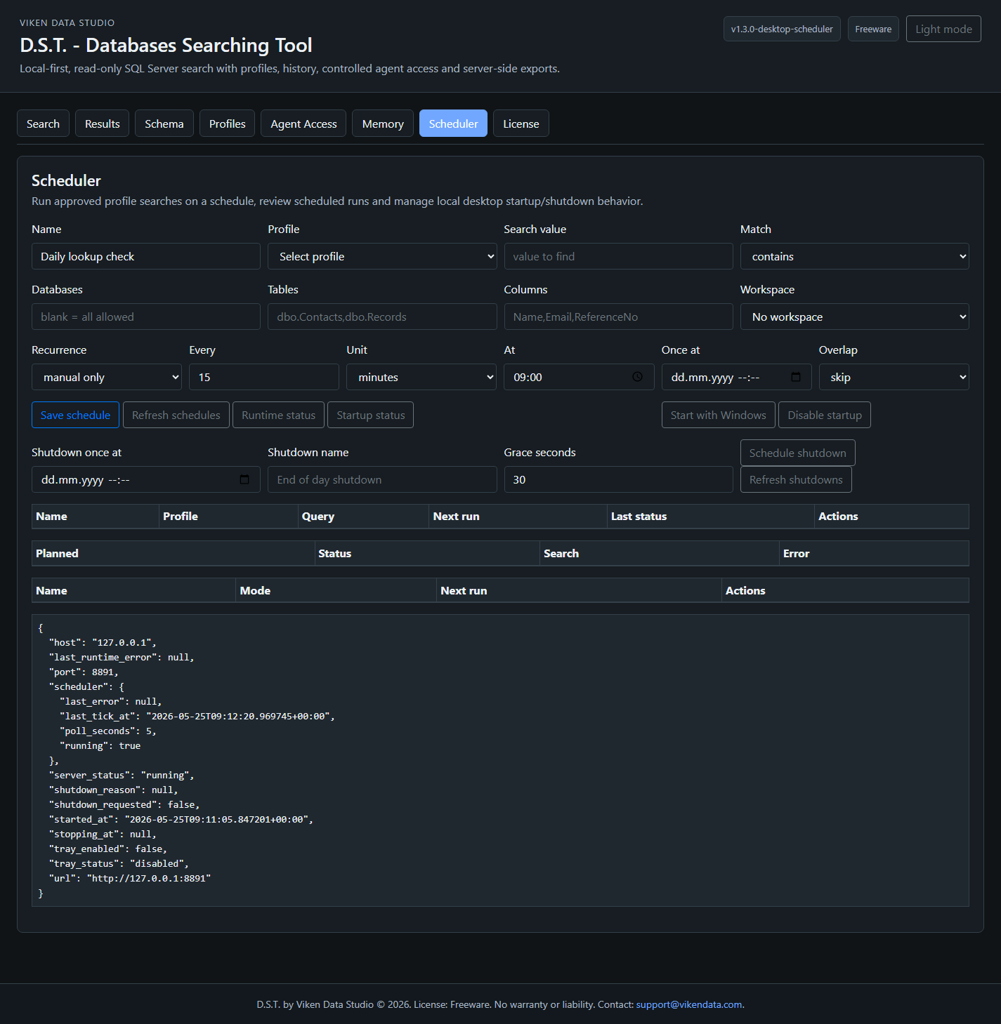 D.S.T. dark-mode Scheduler screen with recurring search and startup controls