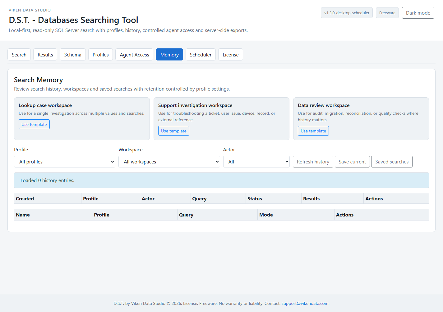 D.S.T. light-mode Search Memory screen with history filters, workspace and saved searches