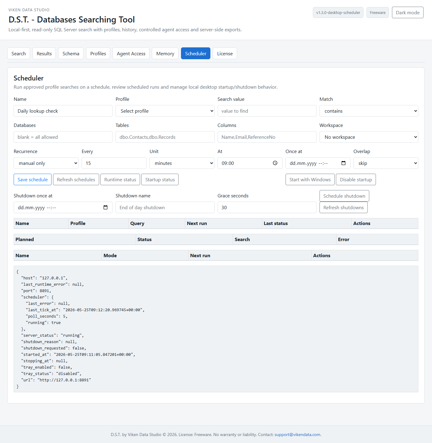 D.S.T. light-mode Scheduler screen with recurring search and startup controls