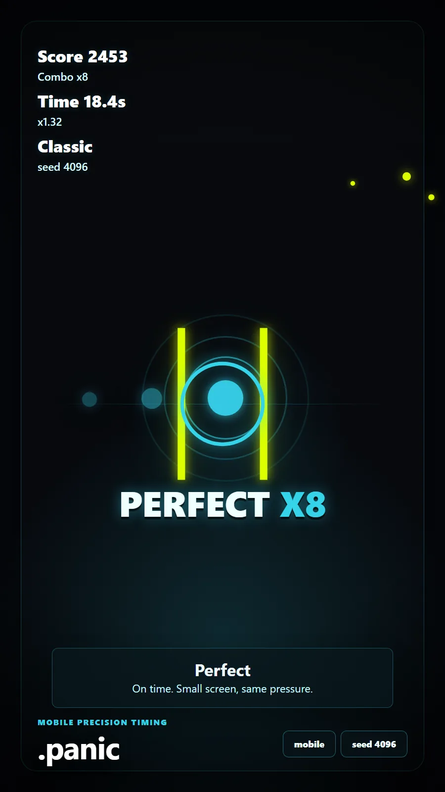.panic mobile portrait gameplay preview with stacked score, time, mode, seed, target bars, moving dot, and tap feedback