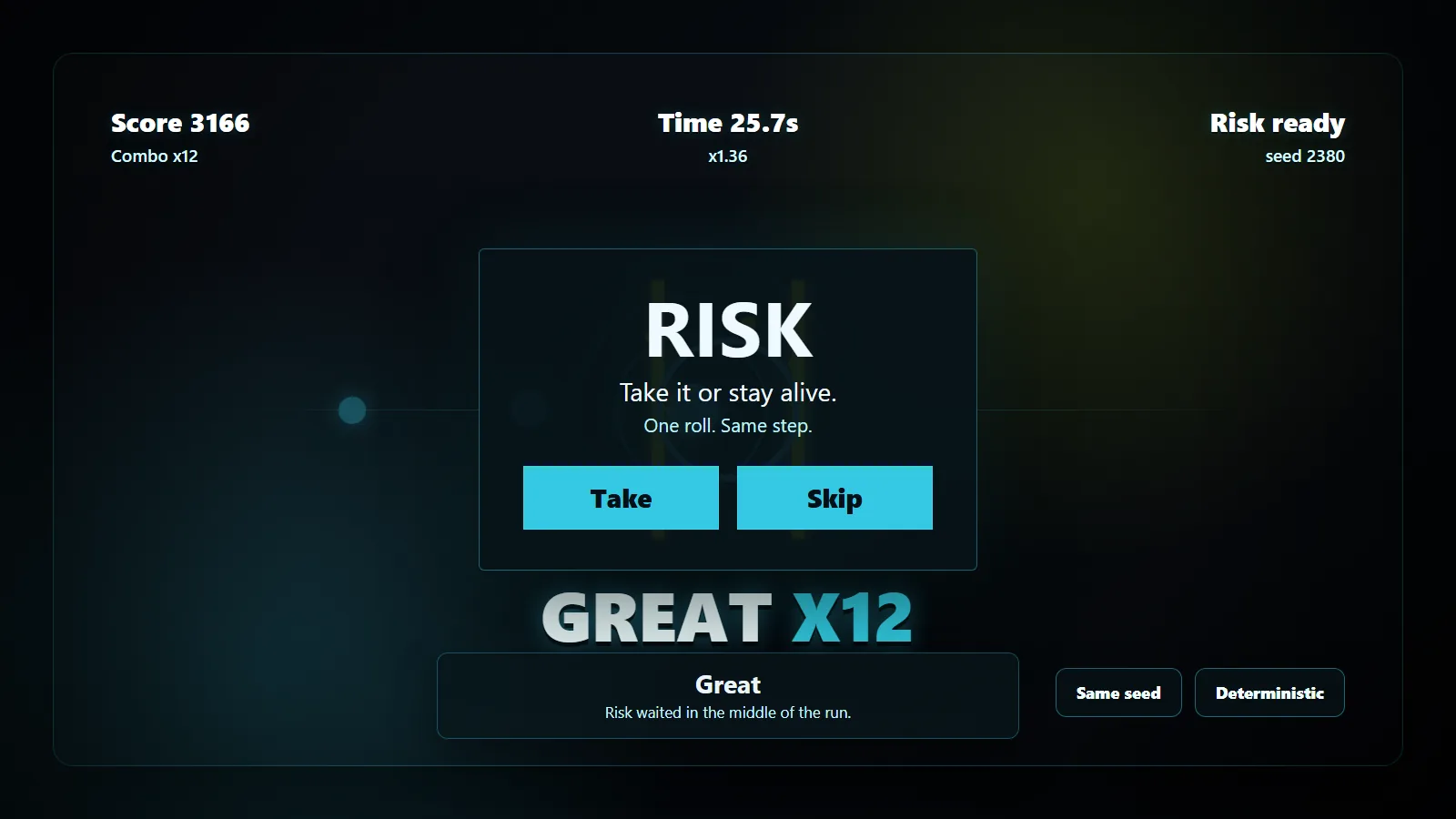 .panic Risk Orb preview with centered take or skip modal over the active seeded run
