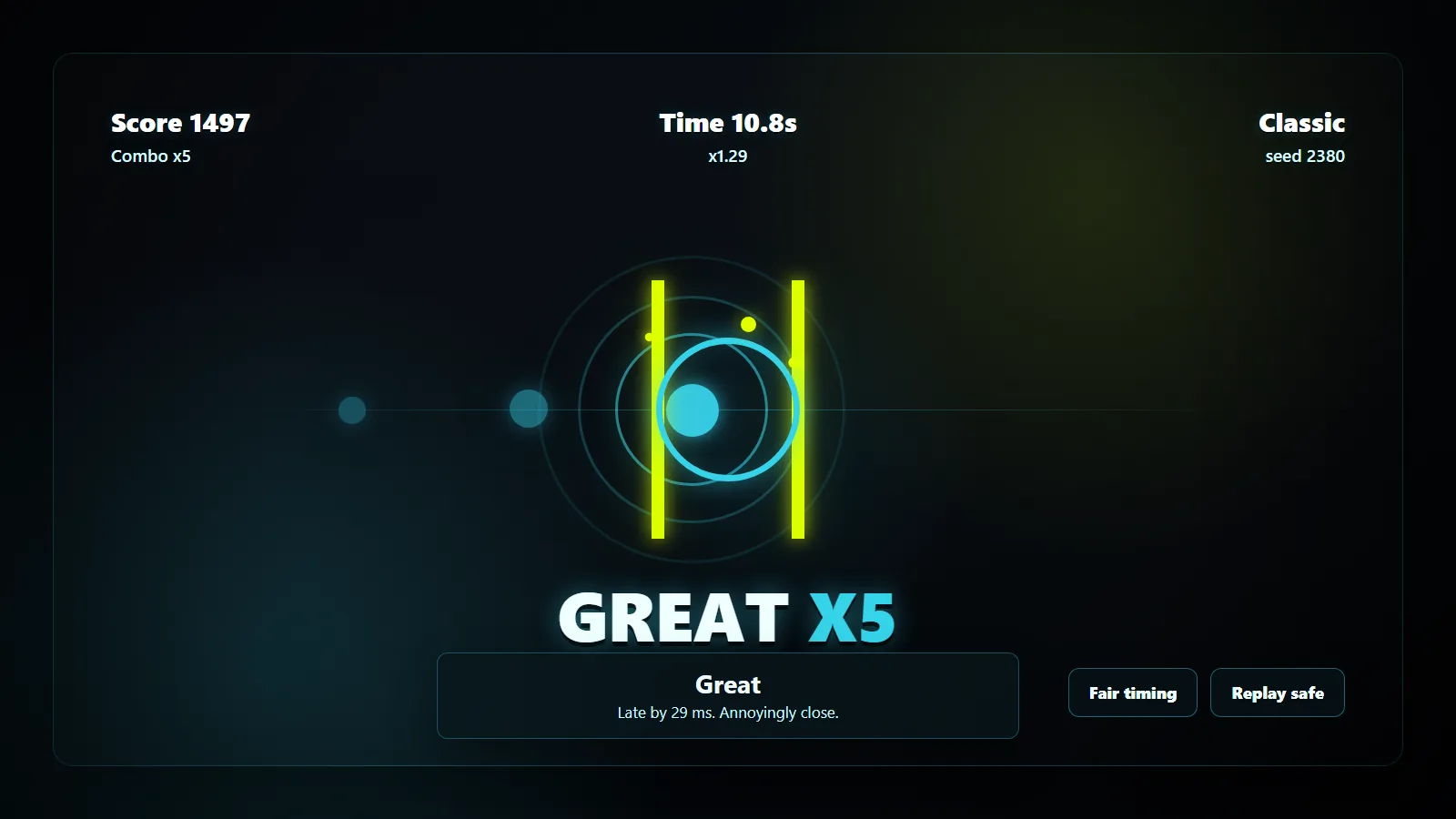 .panic timing preview with visible score, combo, timer, seed, target bars, moving dot, ripple feedback, and great grade