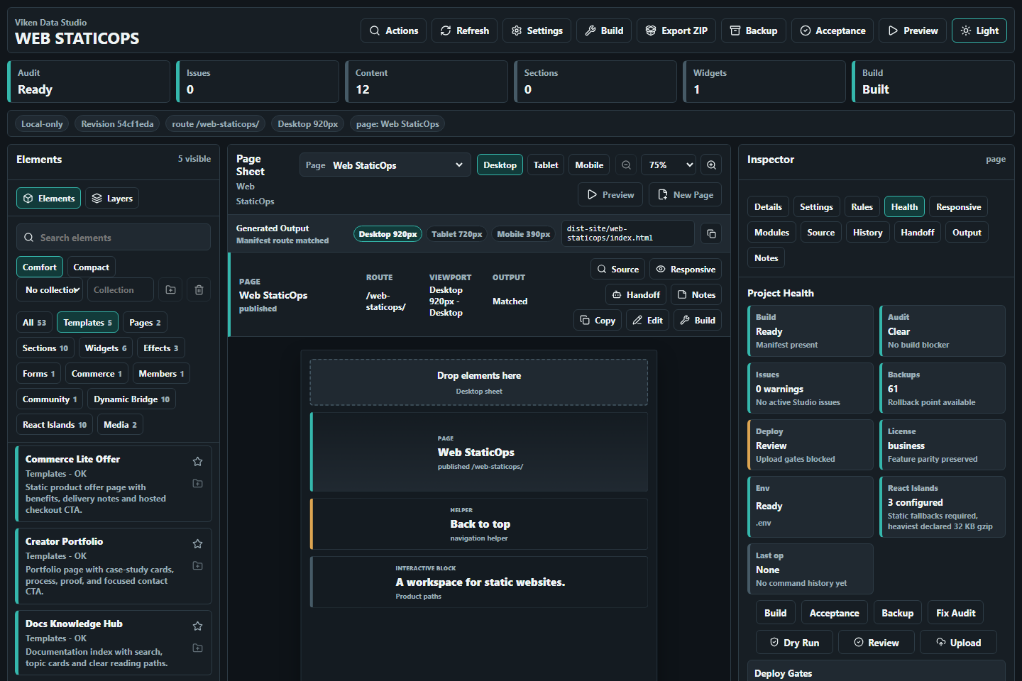 Web StaticOps Studio dark-mode quality panel with status checks and review controls