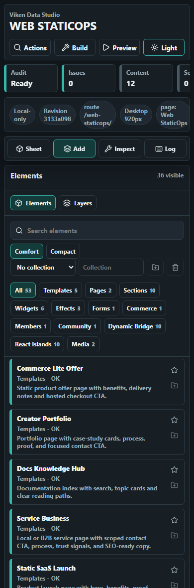 Web StaticOps mobile Studio dark-mode workspace with compact page controls