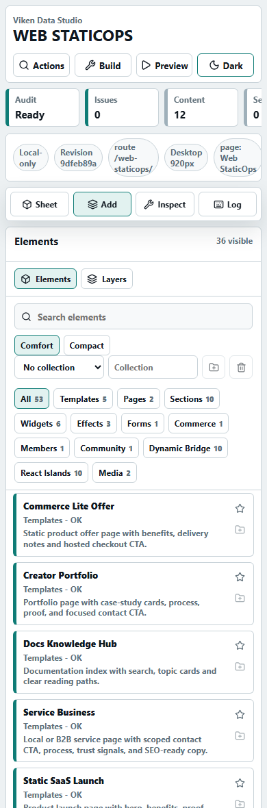 Web StaticOps mobile Studio light-mode workspace with compact page controls