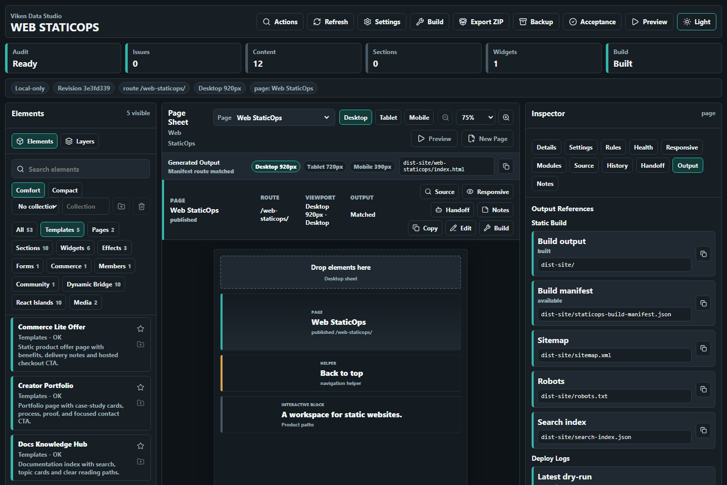 Web StaticOps Studio dark-mode output panel with generated site file references