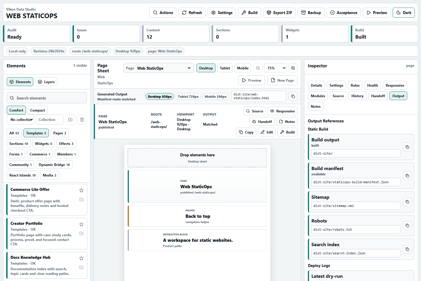 Web StaticOps Studio light-mode output panel with generated site file references